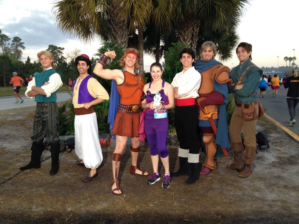 Posing with John Smith, Aladdin, Hercules, Eric, Phoebus, and Flynn Rider on the Princess Half.