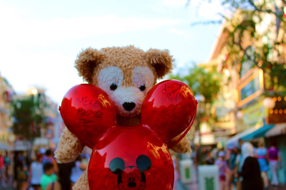 Duffy with Mickey Balloon Popcorn Bucket on Main Street