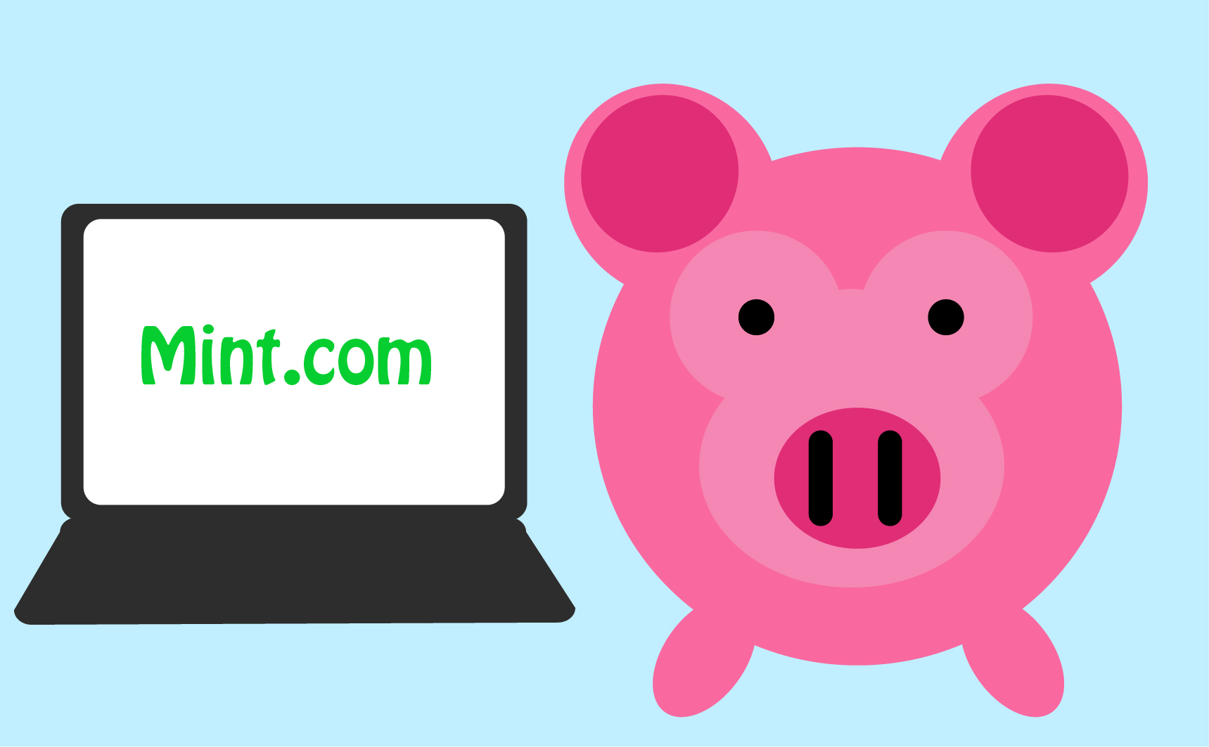 A piggy bank beside a laptop that says "Mint.com".