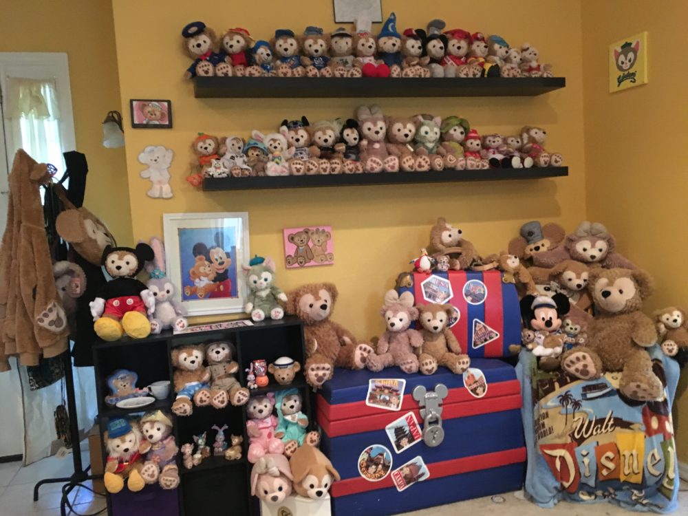 The wall of over fifty Duffy Bears in Chelsea's house.
