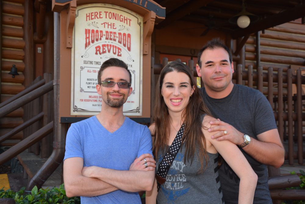 Doug, Chelsea, and Jay in front of the Hoop-Dee-Doo theater.