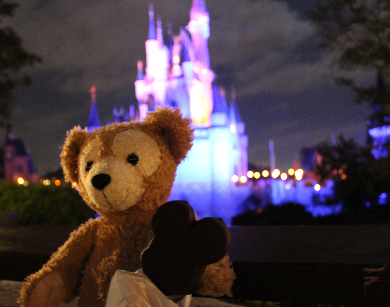 Duffy in front of Cinderella Castle with a Mickey Ice Cream Bar during the After Hours Event.