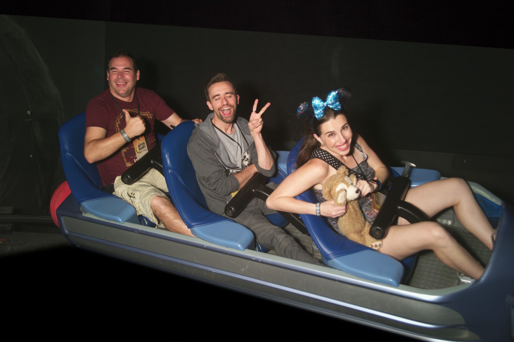 Jay, Doug, and Chelsea on Space Mountain during the After Hours event.