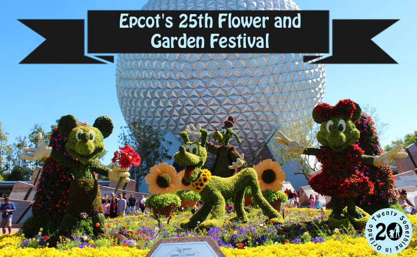 Mickey, Pluto and Minnie flower topiaries in front of Spaceship Earth at Epcot.