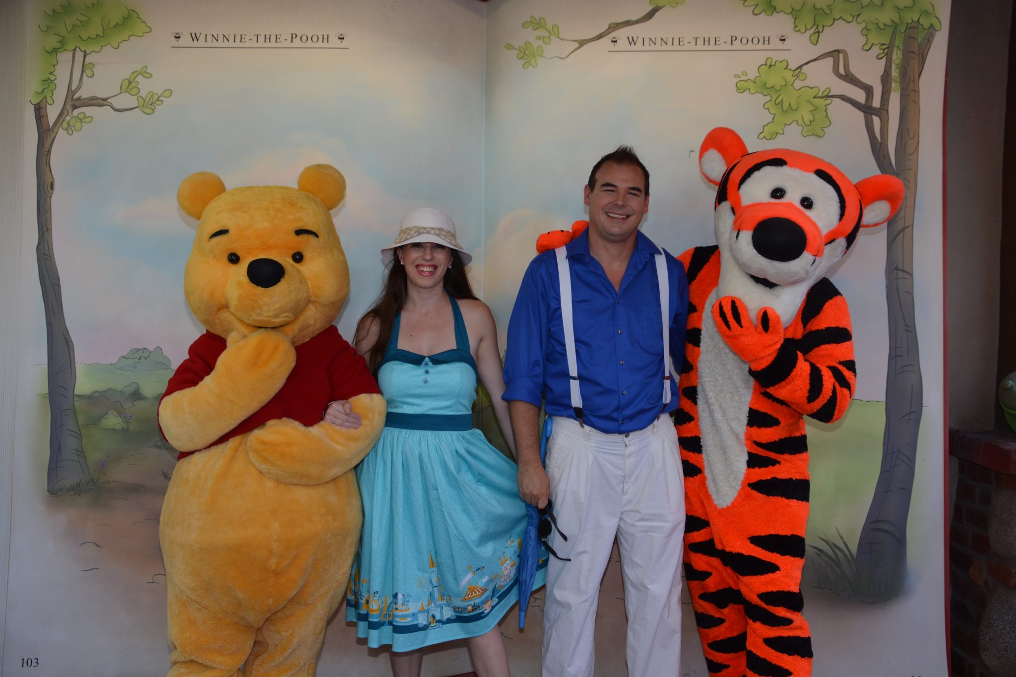 Chelsea and Jay with Pooh and Tigger on Dapper Day.