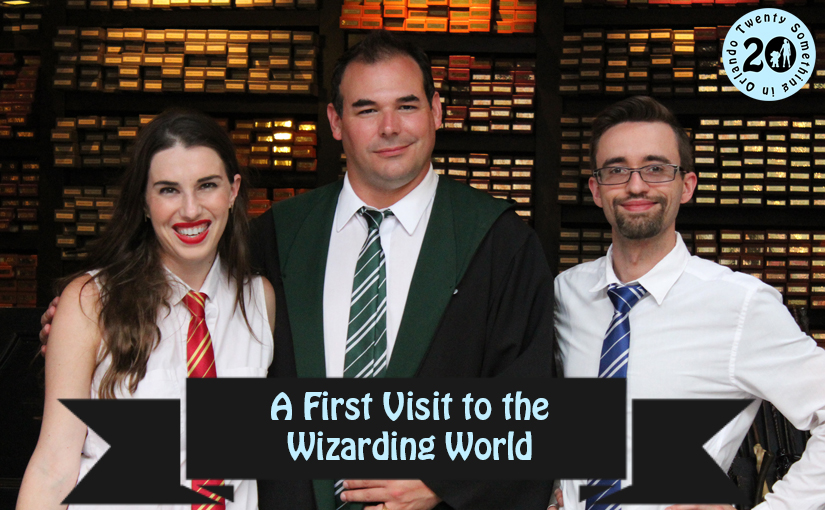 Chelsea, Jay and Doug in full wizarding dress in Diagon Alley.