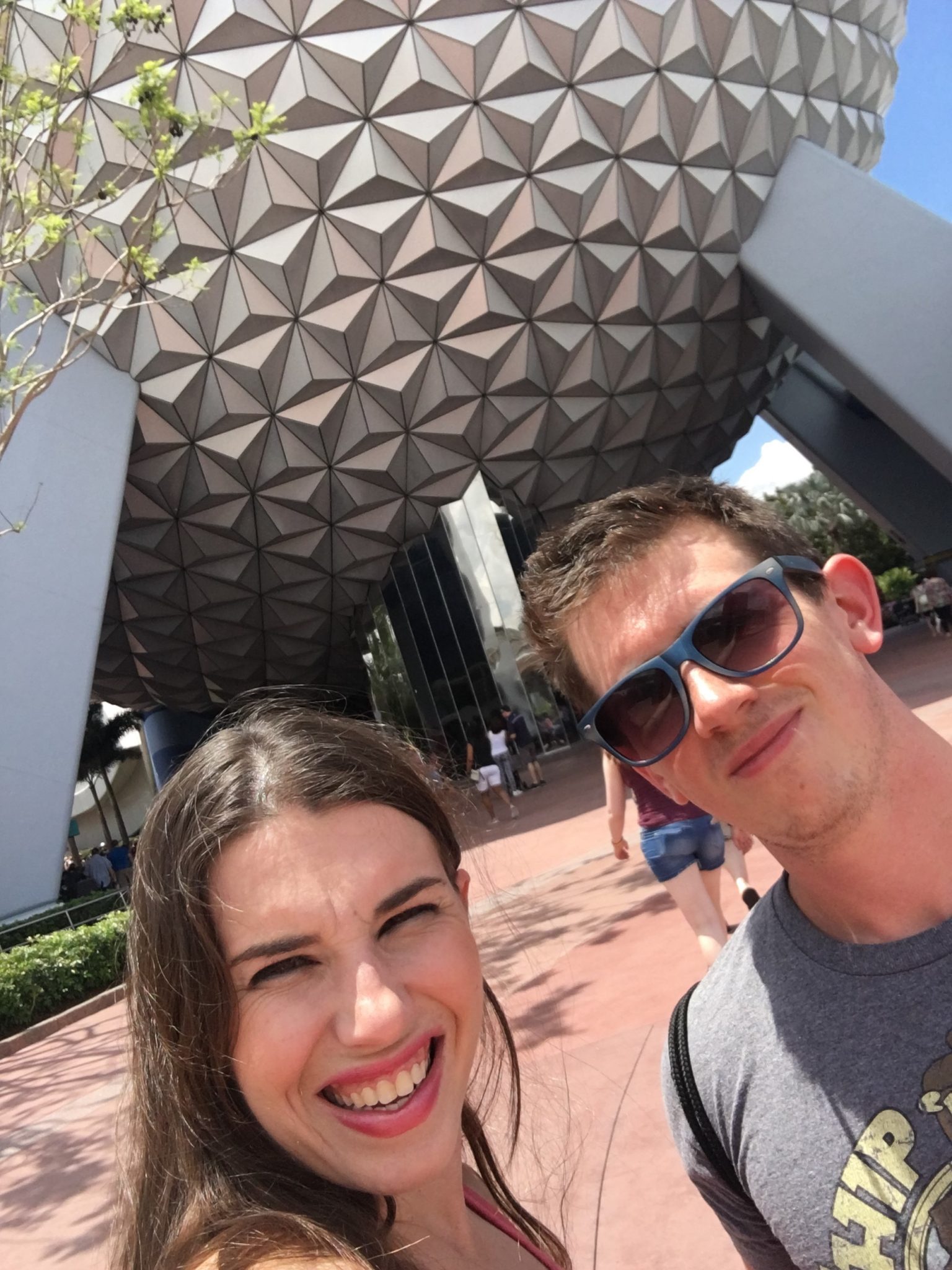 Chelsea and Robby with Spaceship Earth.