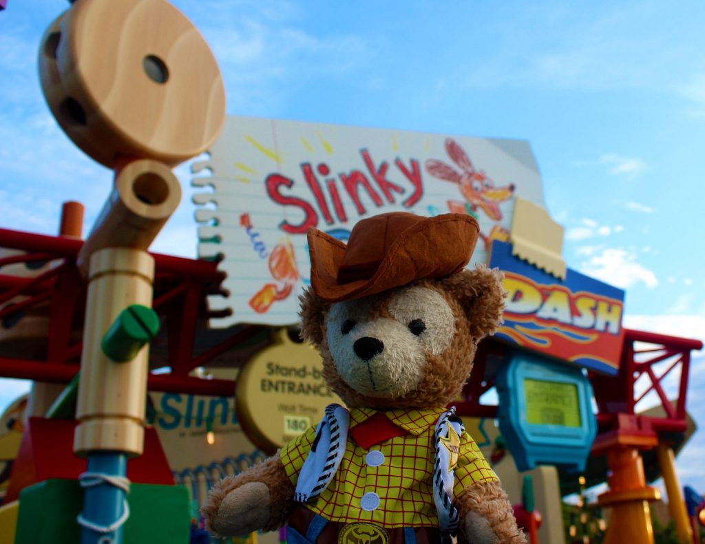 Duffy in front of Slinky Dog Dash in Toy Story Land.