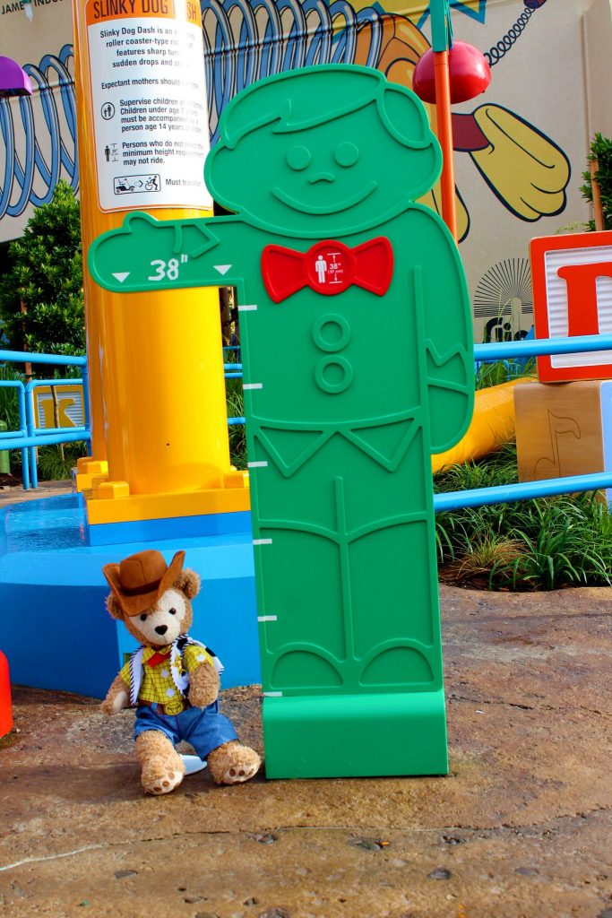 Duffy at the Slinky Dog Dash height check in Toy Story Land.