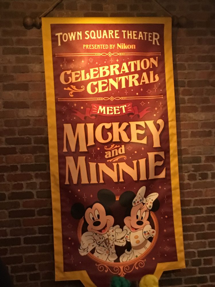 Mickey and Minnie at Town Square Theater as part of the Surprise Celebration Banner