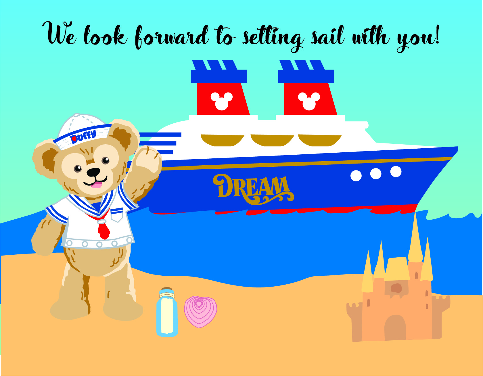 RSVP Card with Duffy in front of a cruise ship.