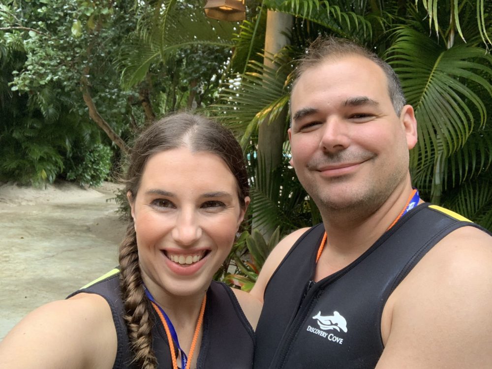 Chelsea and Jay in their Discovery Cove Wetsuits
