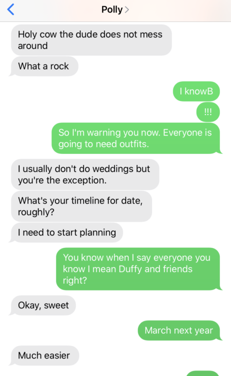 Texts between Chelsea and Polly about the wedding party.