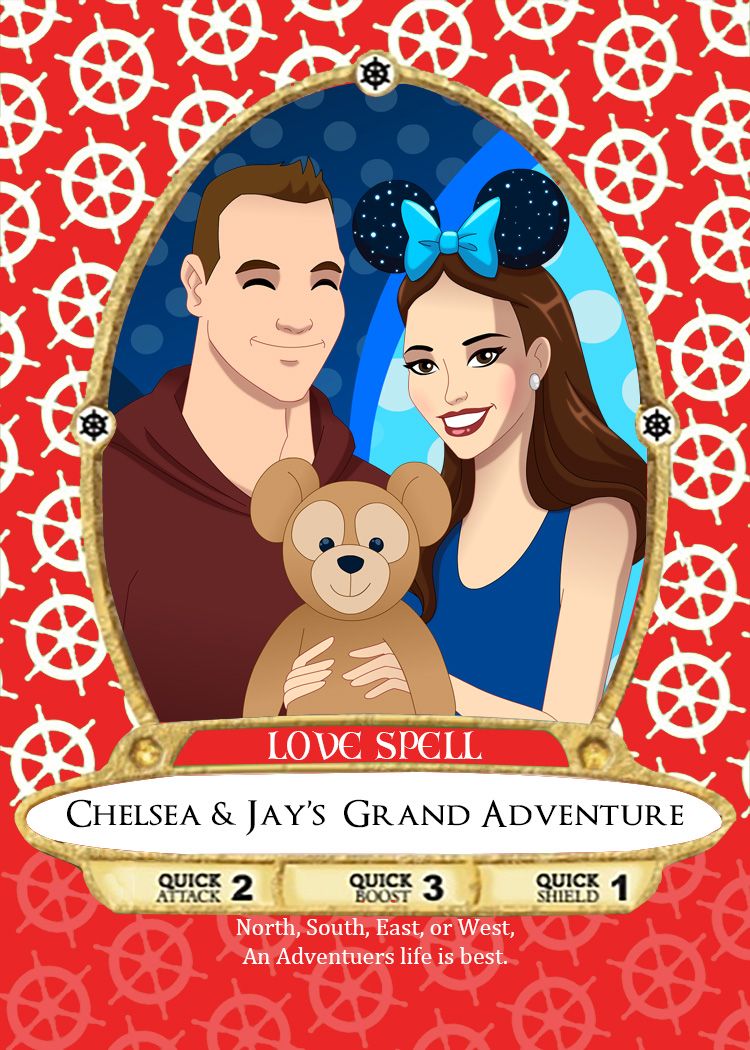 Custom Sorcerers of the Magic Kingdom card for Jay and Chelsea's wedding with art by Robby Cook.