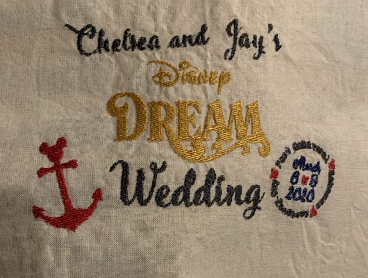 Chelsea and Jay's Disney Dream Wedding Embroidered on the Welcome Bags
