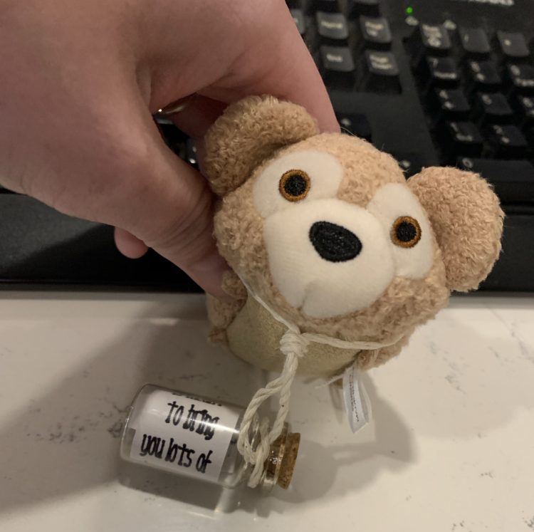 Duffy tsum tsum with a bottle and note tied to it.