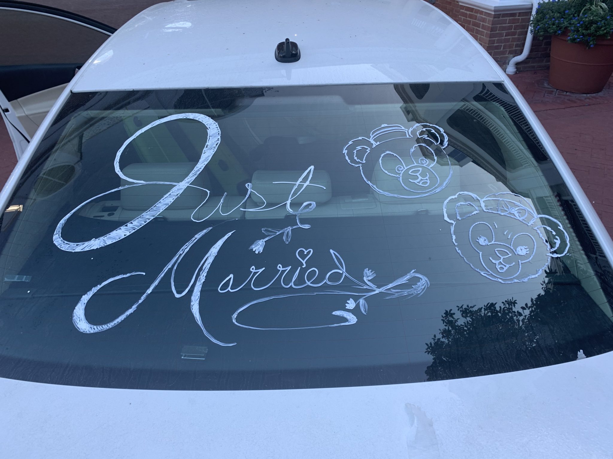 Just Married on our car with Duffy and Shellie May